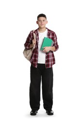 Photo of Full length portrait of teenage boy with books and backpack on white background