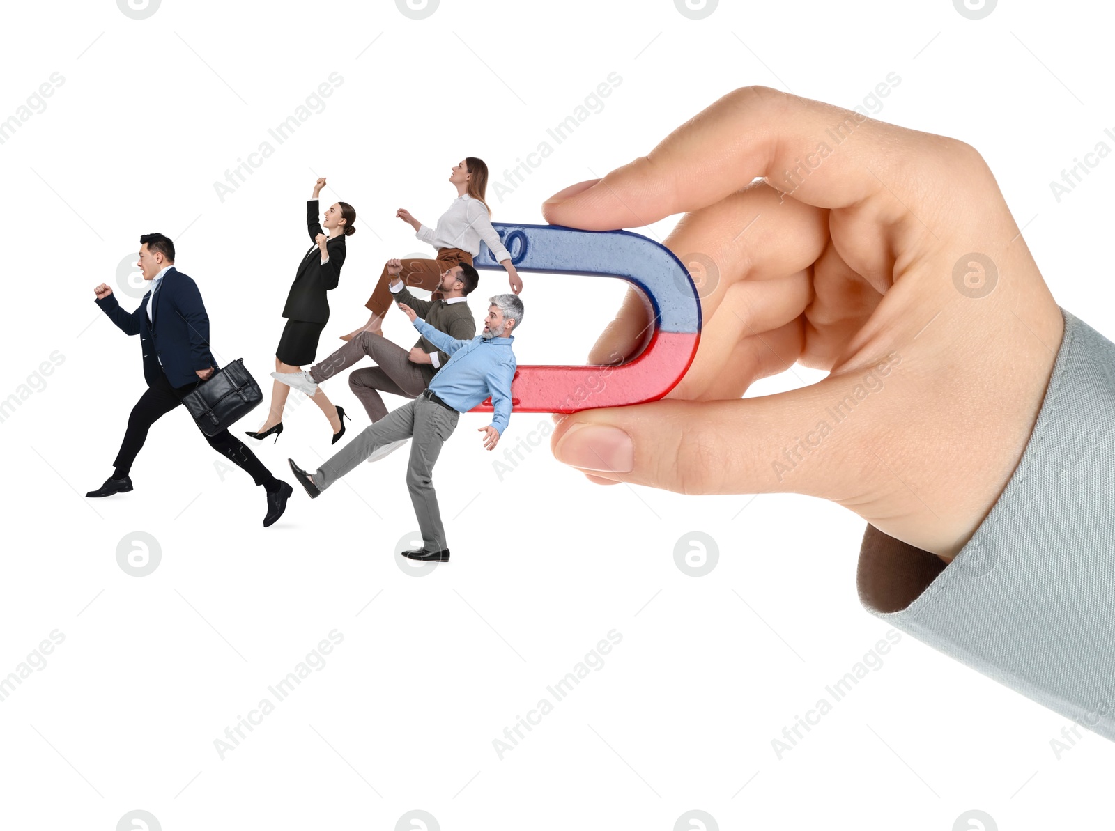 Image of Woman with horseshoe magnet in her hand attracting business people on white background, closeup