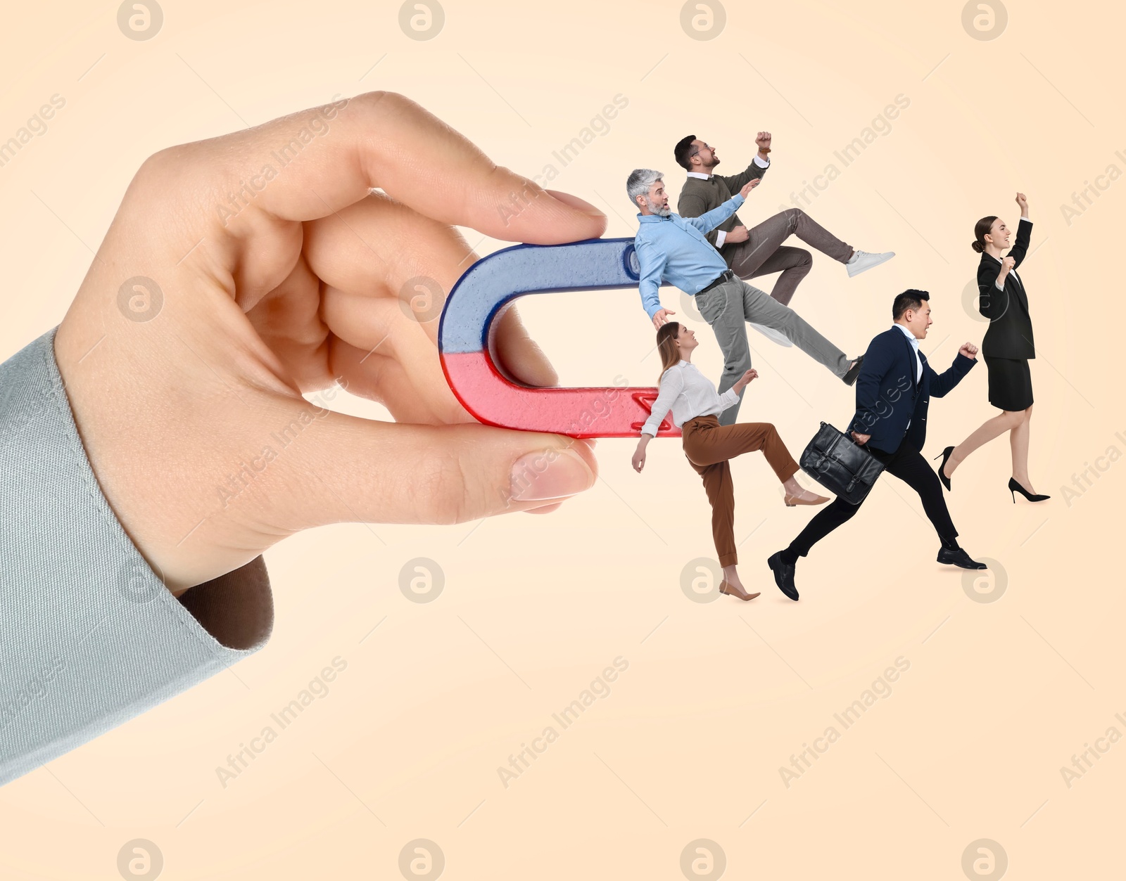 Image of Woman with horseshoe magnet in her hand attracting business people on beige background, closeup