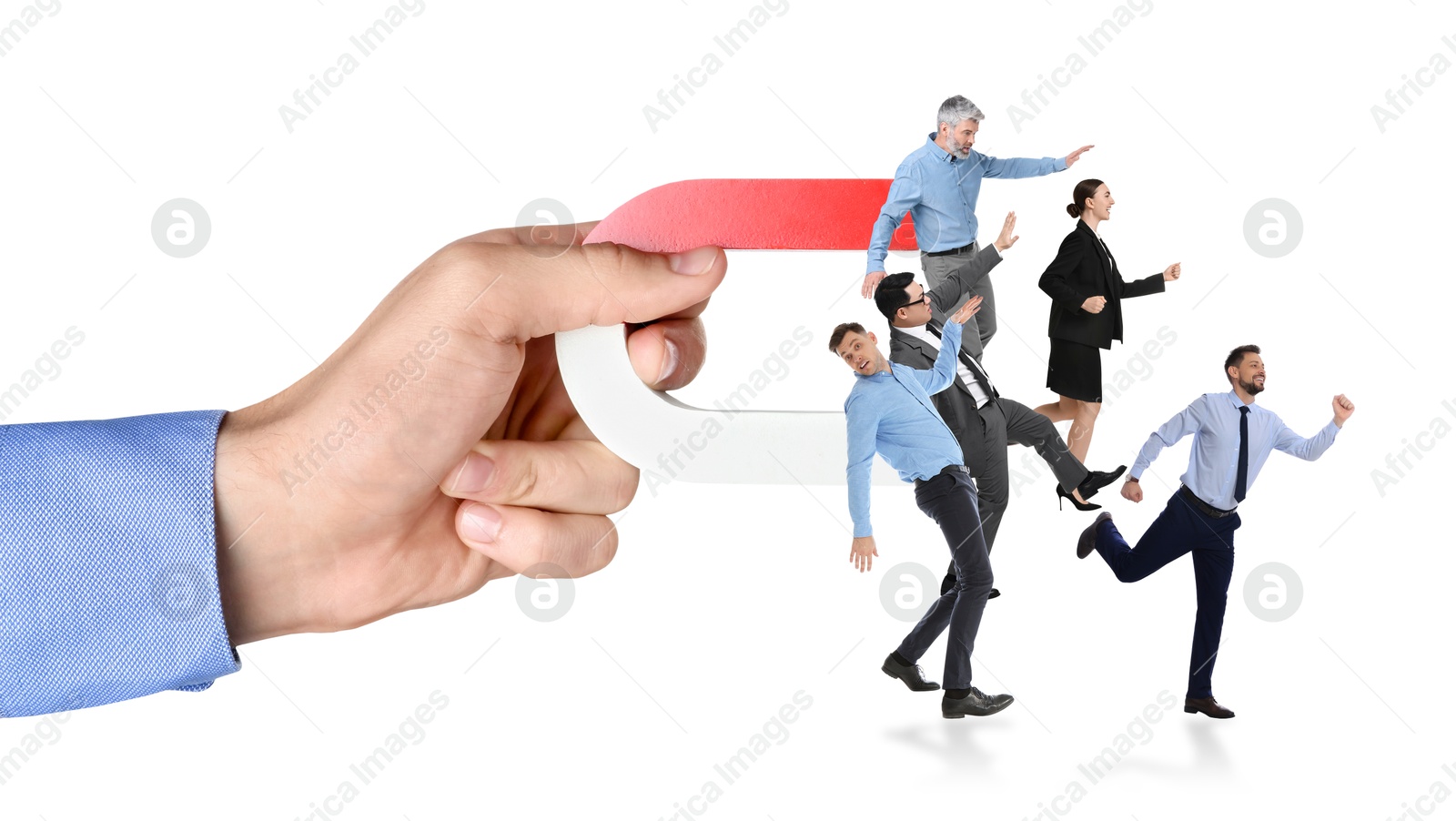 Image of Man with horseshoe magnet in his hand attracting business people on white background, closeup