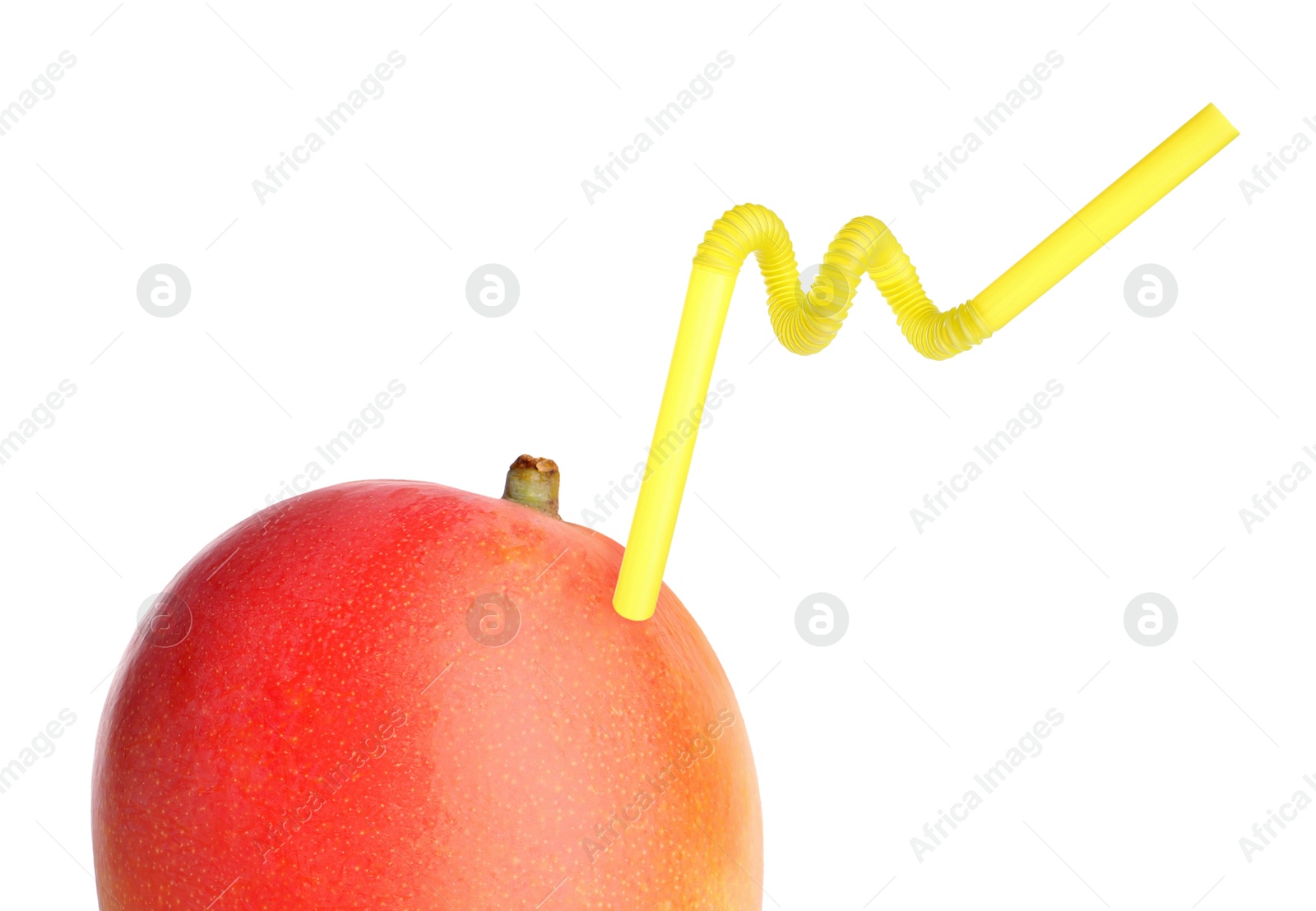 Image of Ripe mango with drinking straw on white background. Organic juice or freshly made smoothie concept