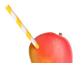 Image of Ripe mango with drinking straw on white background. Organic juice or freshly made smoothie concept