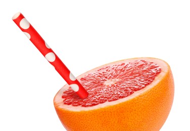 Image of Half of grapefruit with drinking straw on white background. Organic juice or freshly made smoothie concept