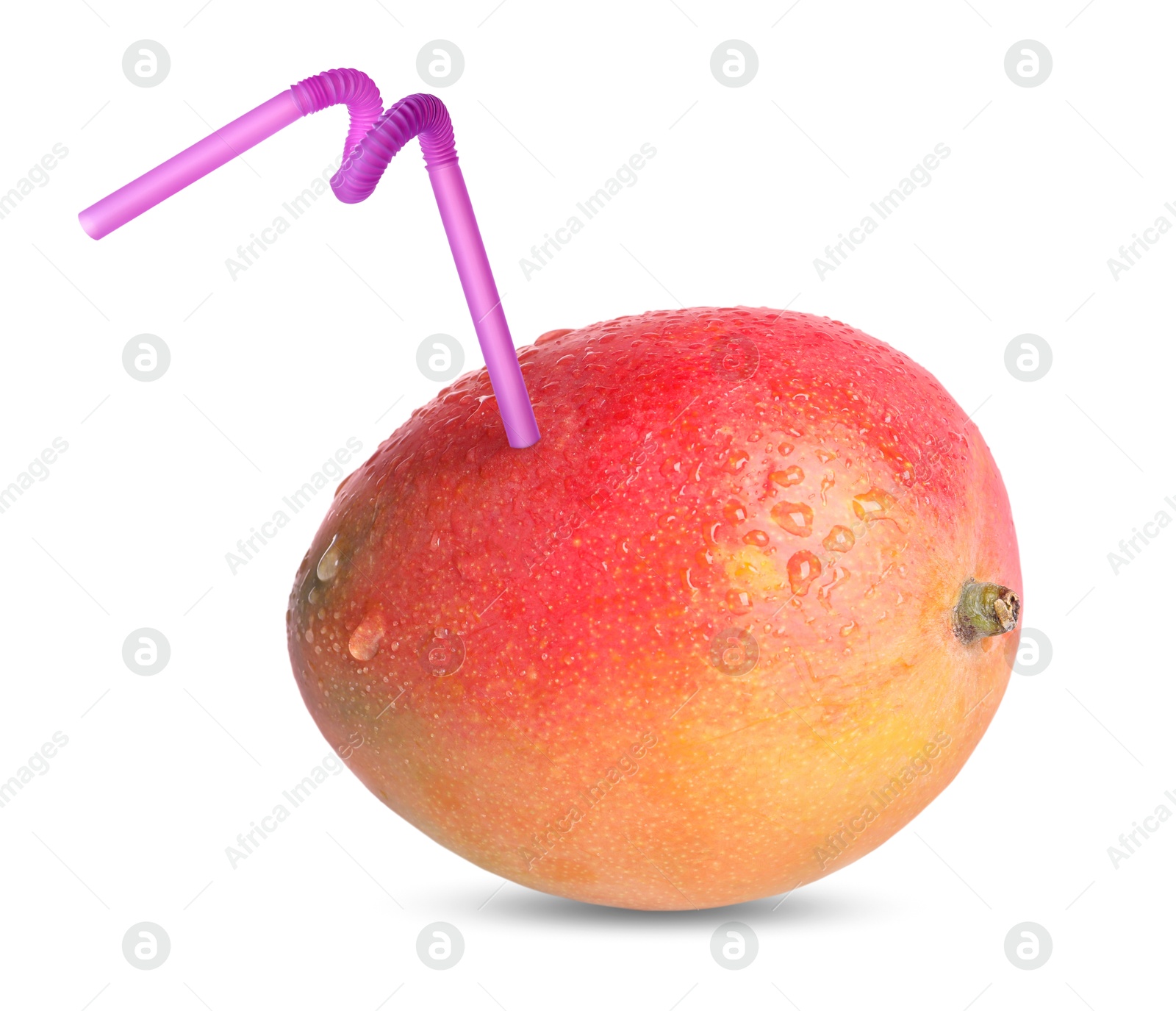 Image of Ripe mango with drinking straw on white background. Organic juice or freshly made smoothie concept