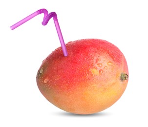 Image of Ripe mango with drinking straw on white background. Organic juice or freshly made smoothie concept