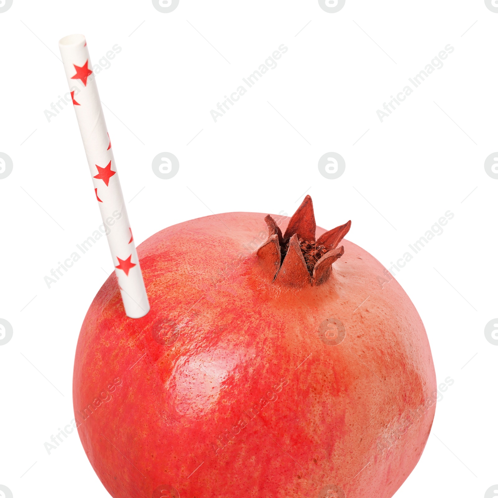 Image of Ripe pomegranate with drinking straw on white background. Organic juice or freshly made smoothie concept