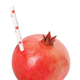 Image of Ripe pomegranate with drinking straw on white background. Organic juice or freshly made smoothie concept