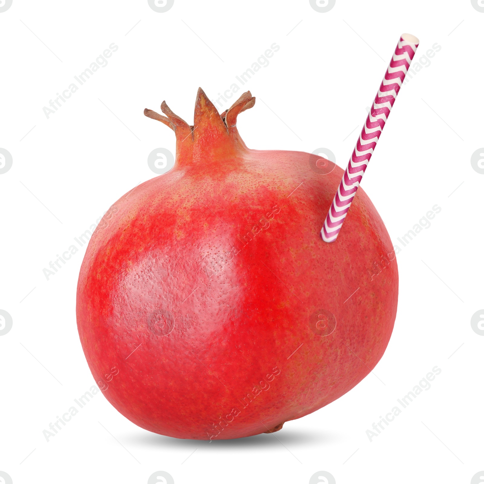 Image of Ripe pomegranate with drinking straw on white background. Organic juice or freshly made smoothie concept