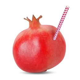 Image of Ripe pomegranate with drinking straw on white background. Organic juice or freshly made smoothie concept