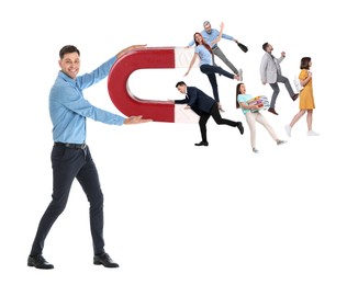 Man with horseshoe magnet attracting people on white background