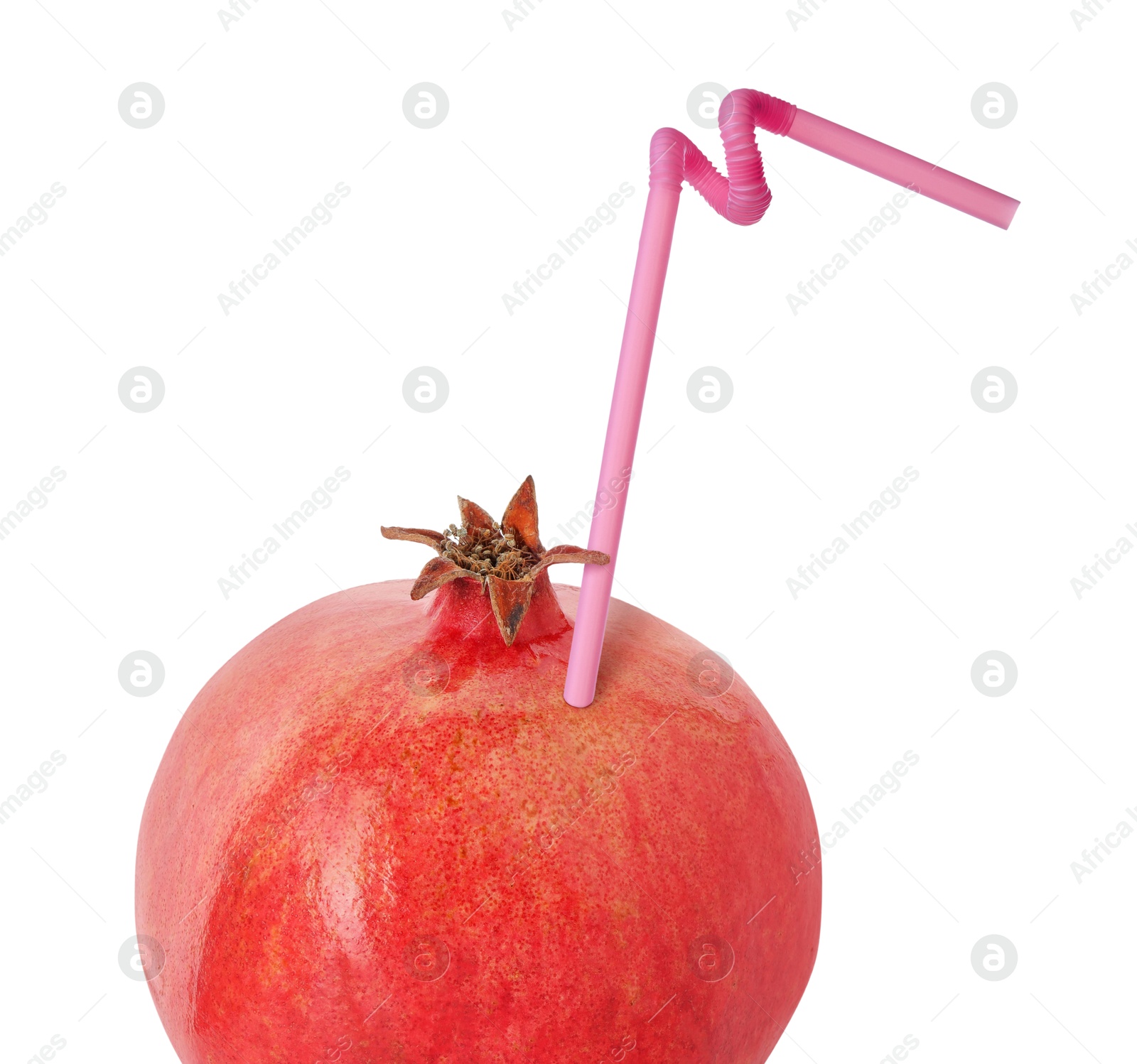 Image of Ripe pomegranate with drinking straw on white background. Organic juice or freshly made smoothie concept