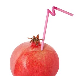 Image of Ripe pomegranate with drinking straw on white background. Organic juice or freshly made smoothie concept