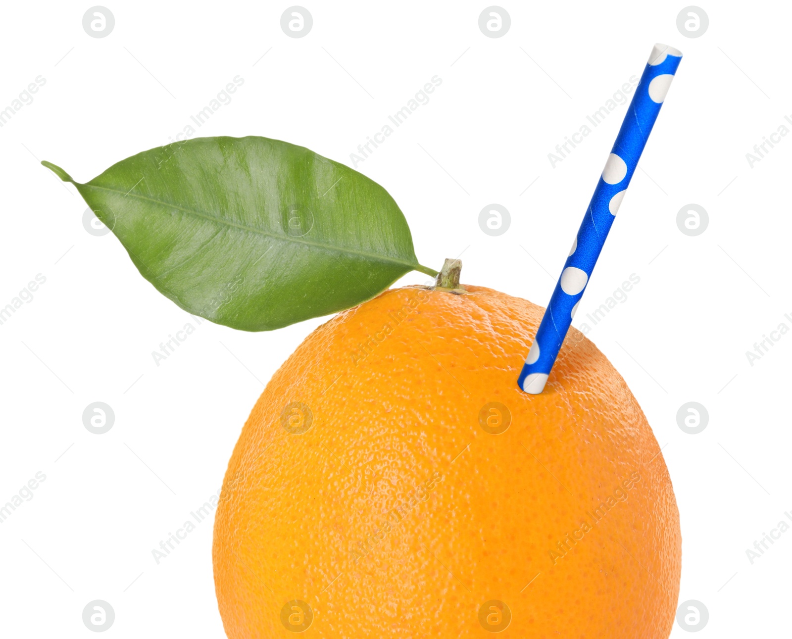 Image of Ripe orange with drinking straw on white background. Organic juice or freshly made smoothie concept