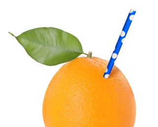 Image of Ripe orange with drinking straw on white background. Organic juice or freshly made smoothie concept