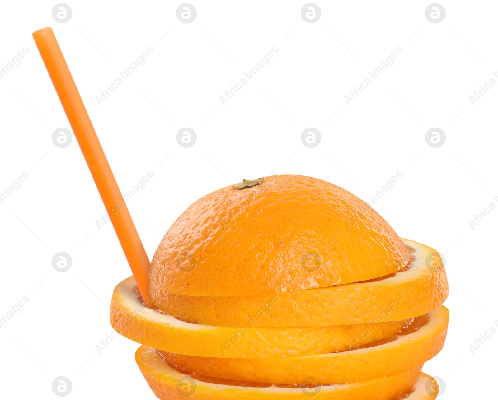 Image of Drinking straw in sliced orange on white background. Organic juice or freshly made smoothie concept