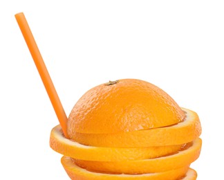 Image of Drinking straw in sliced orange on white background. Organic juice or freshly made smoothie concept