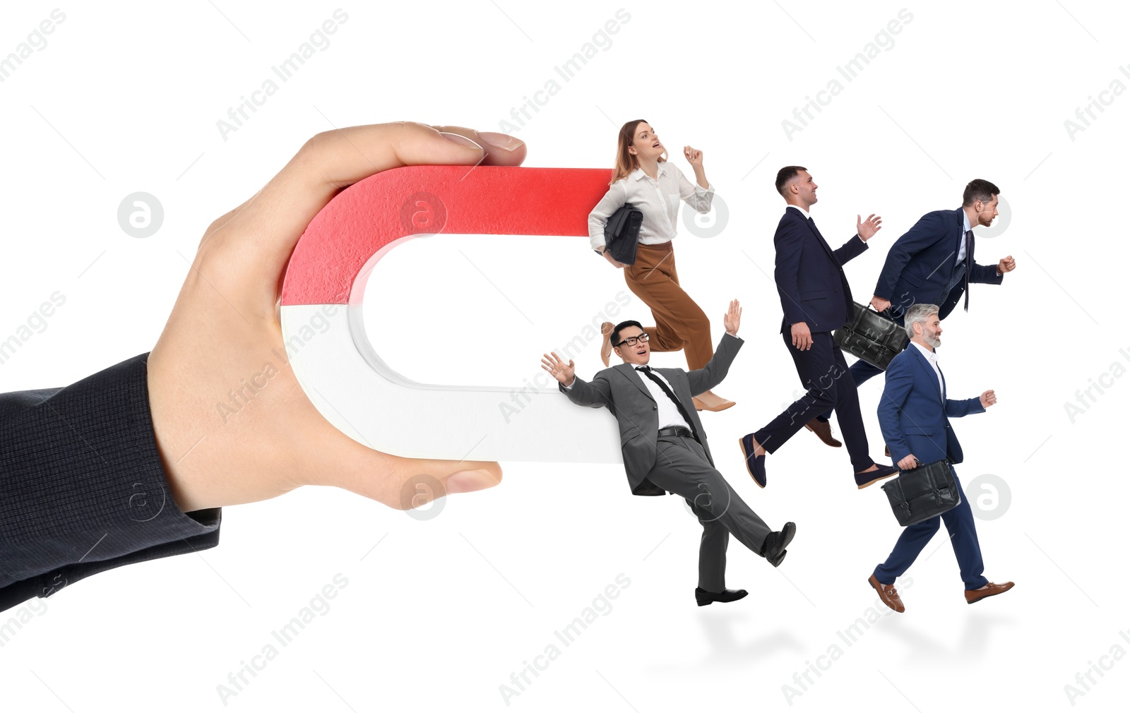 Image of Woman with horseshoe magnet in her hand attracting business people on white background, closeup