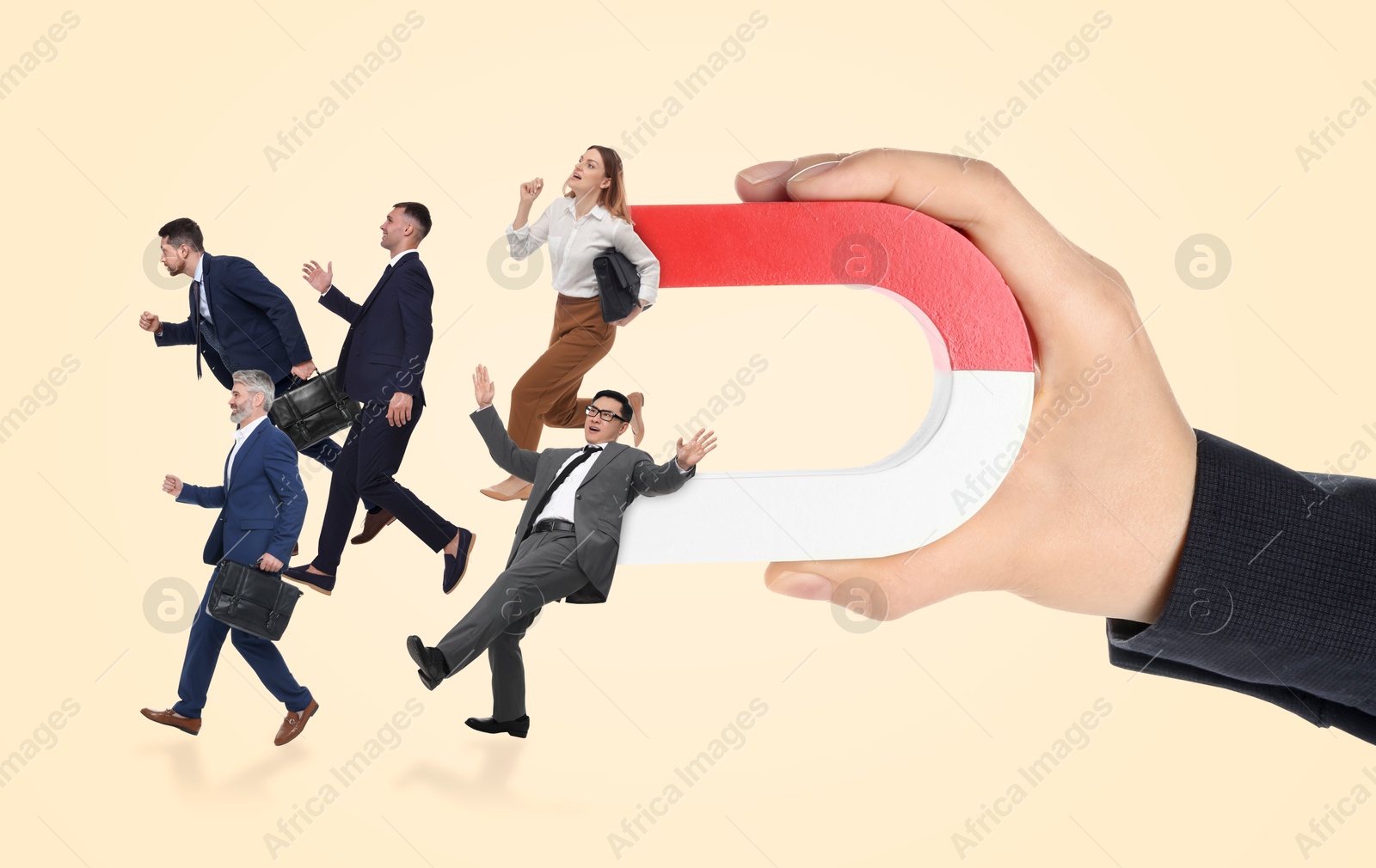 Image of Woman with horseshoe magnet in her hand attracting business people on beige background, closeup