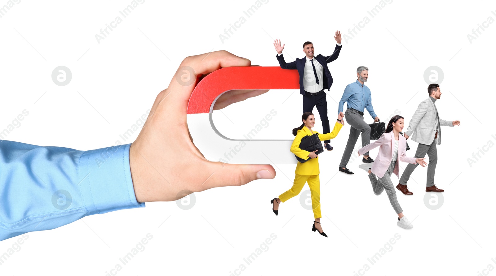 Image of Man with horseshoe magnet in his hand attracting business people on white background, closeup