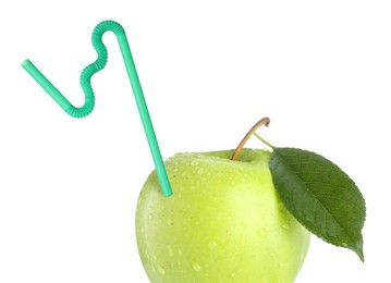 Image of Ripe green apple with drinking straw on white background. Organic juice or freshly made smoothie concept