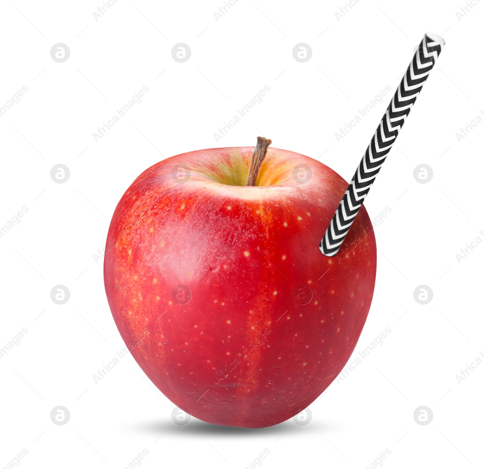 Image of Ripe red apple with drinking straw on white background. Organic juice or freshly made smoothie concept