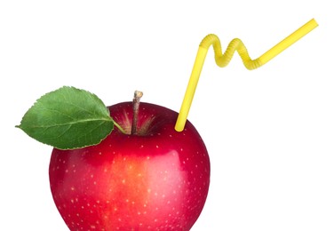 Image of Ripe red apple with drinking straw on white background. Organic juice or freshly made smoothie concept