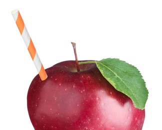 Image of Ripe red apple with drinking straw on white background. Organic juice or freshly made smoothie concept