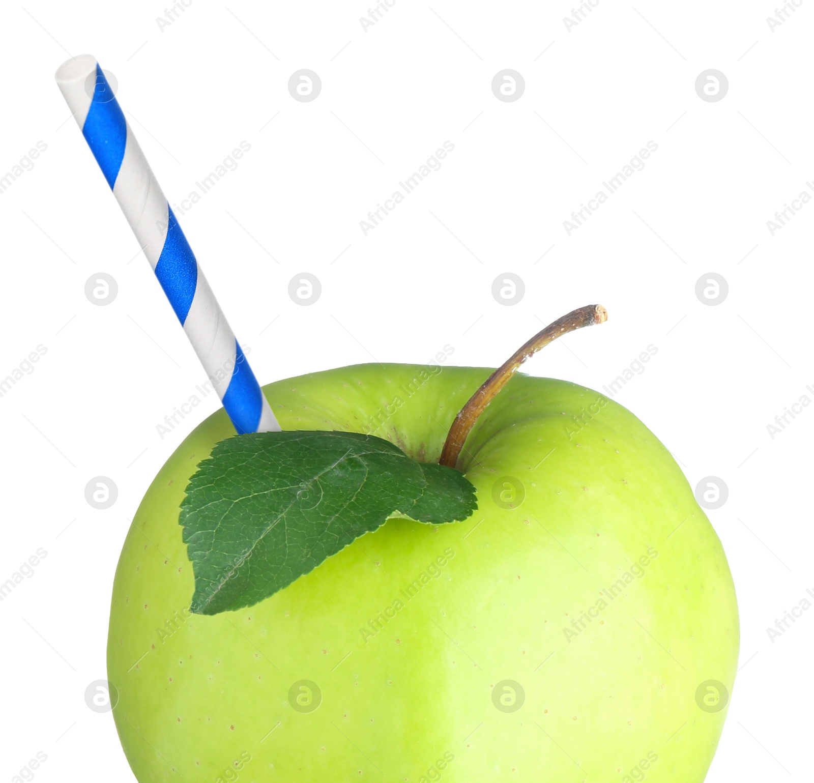 Image of Ripe green apple with drinking straw on white background. Organic juice or freshly made smoothie concept