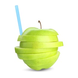 Image of Drinking straw in sliced green apple on white background. Organic juice or freshly made smoothie concept