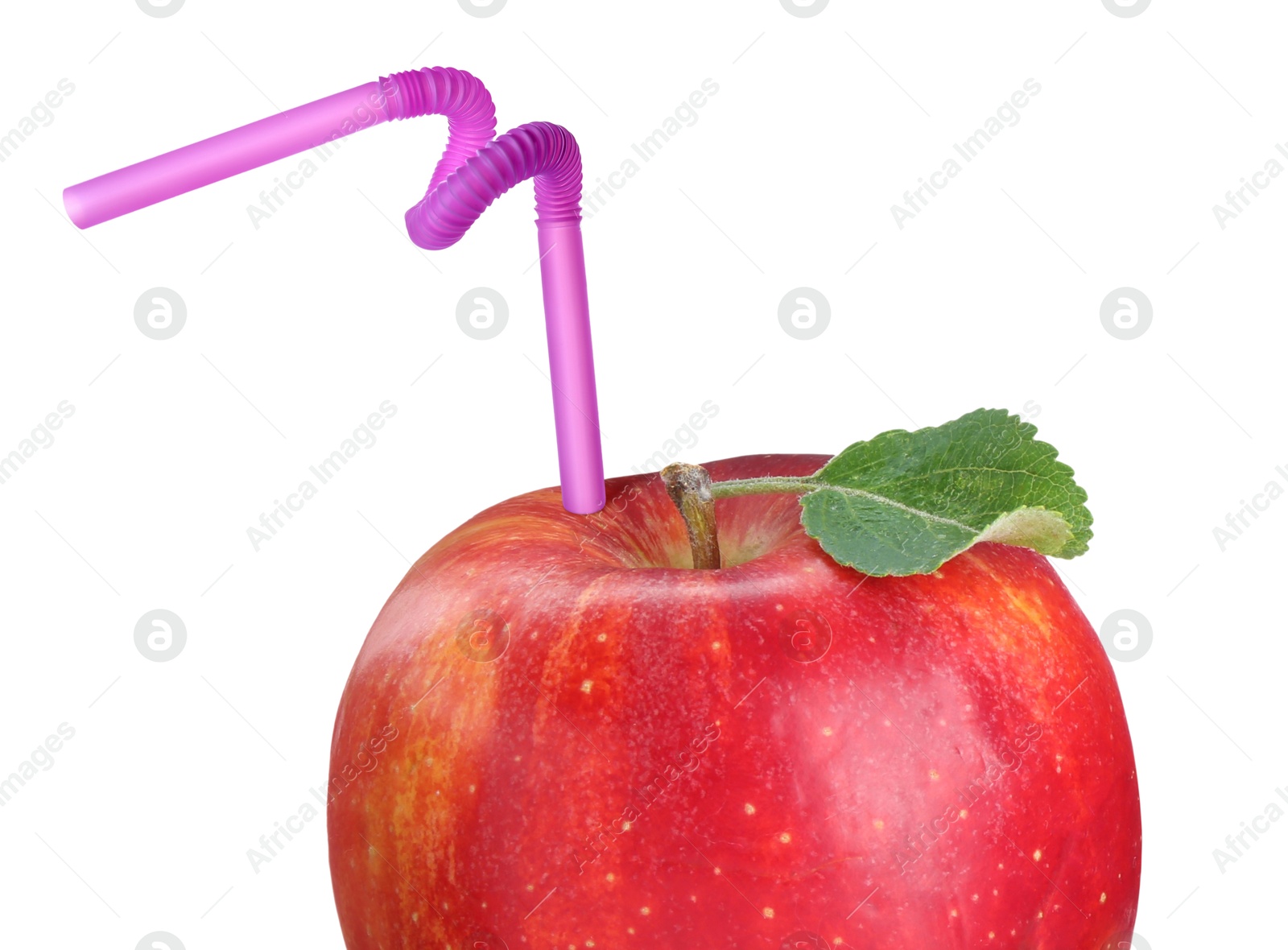 Image of Ripe red apple with drinking straw on white background. Organic juice or freshly made smoothie concept