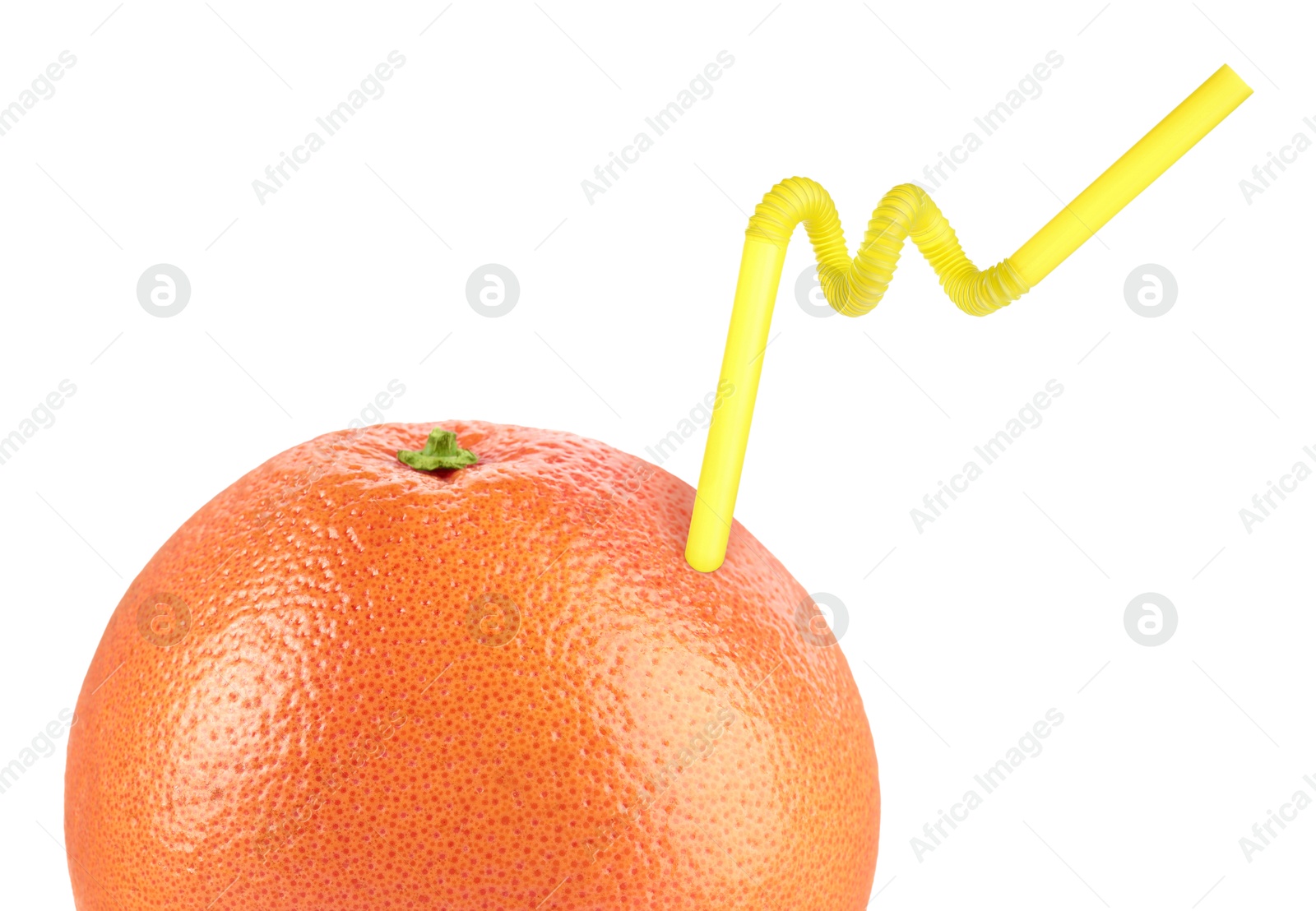 Image of Ripe grapefruit with drinking straw on white background. Organic juice or freshly made smoothie concept