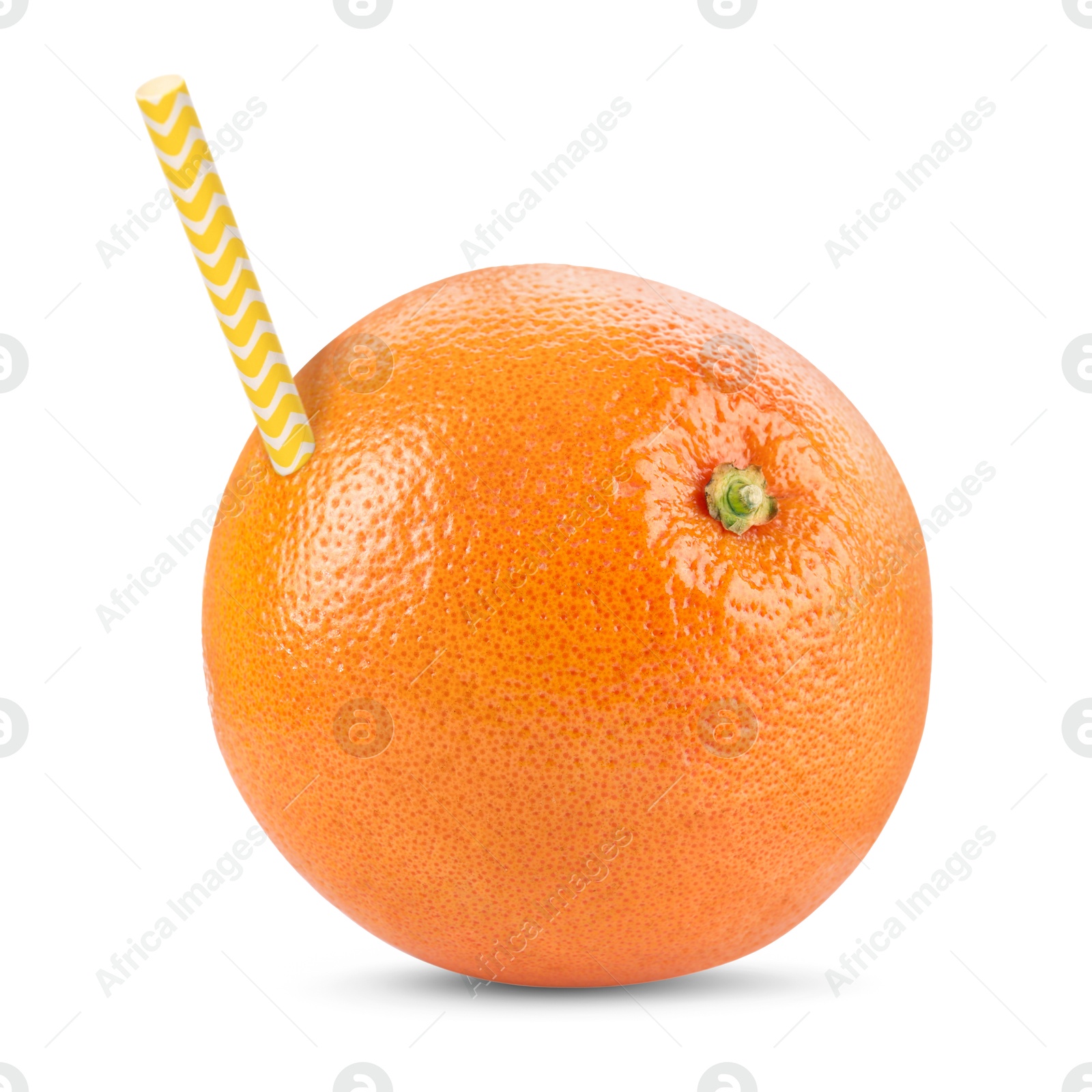 Image of Ripe grapefruit with drinking straw on white background. Organic juice or freshly made smoothie concept