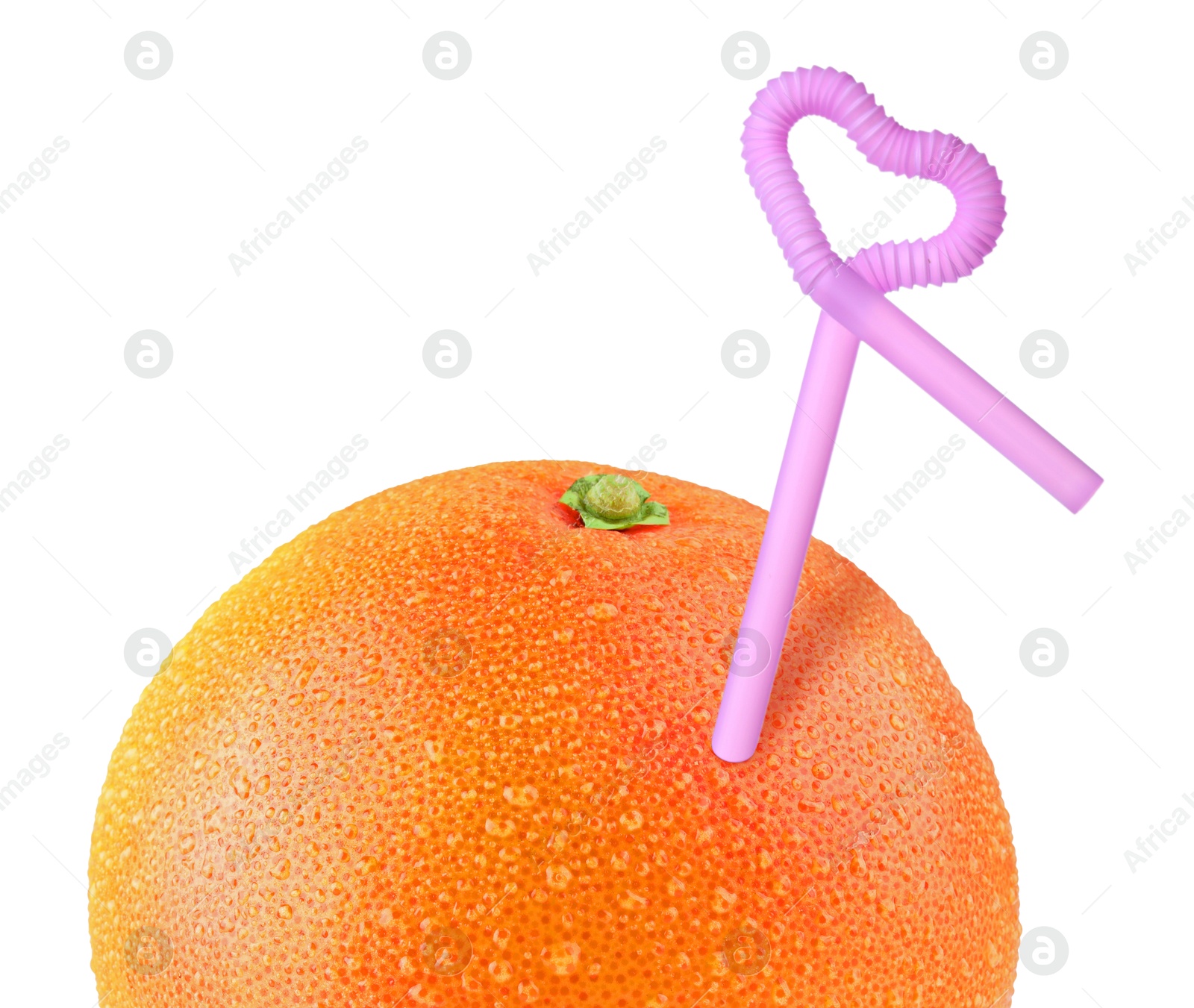 Image of Ripe grapefruit with drinking straw on white background. Organic juice or freshly made smoothie concept