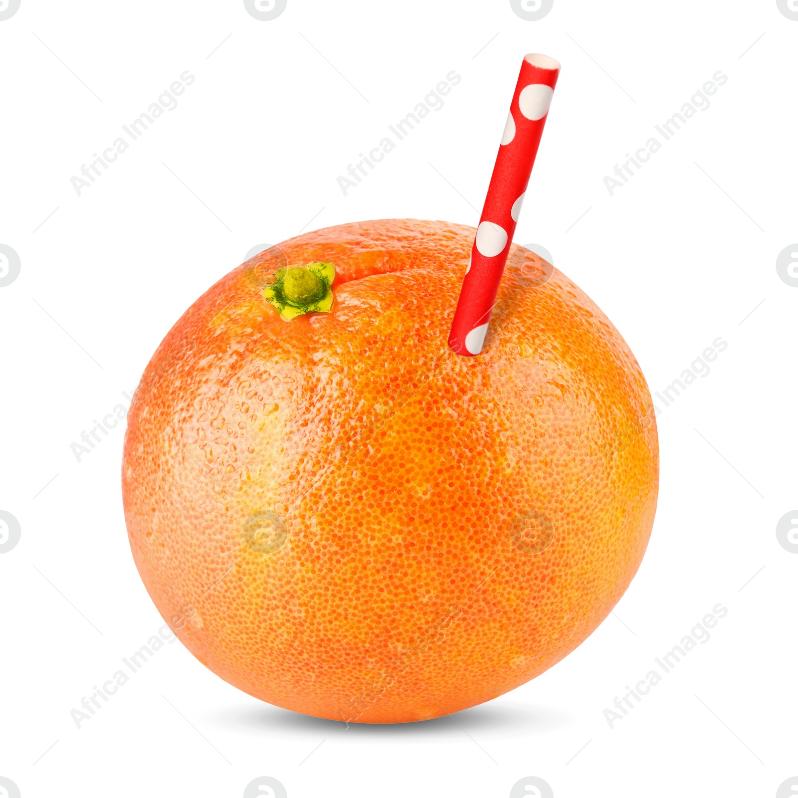 Image of Ripe grapefruit with drinking straw on white background. Organic juice or freshly made smoothie concept