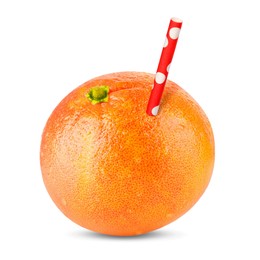 Image of Ripe grapefruit with drinking straw on white background. Organic juice or freshly made smoothie concept