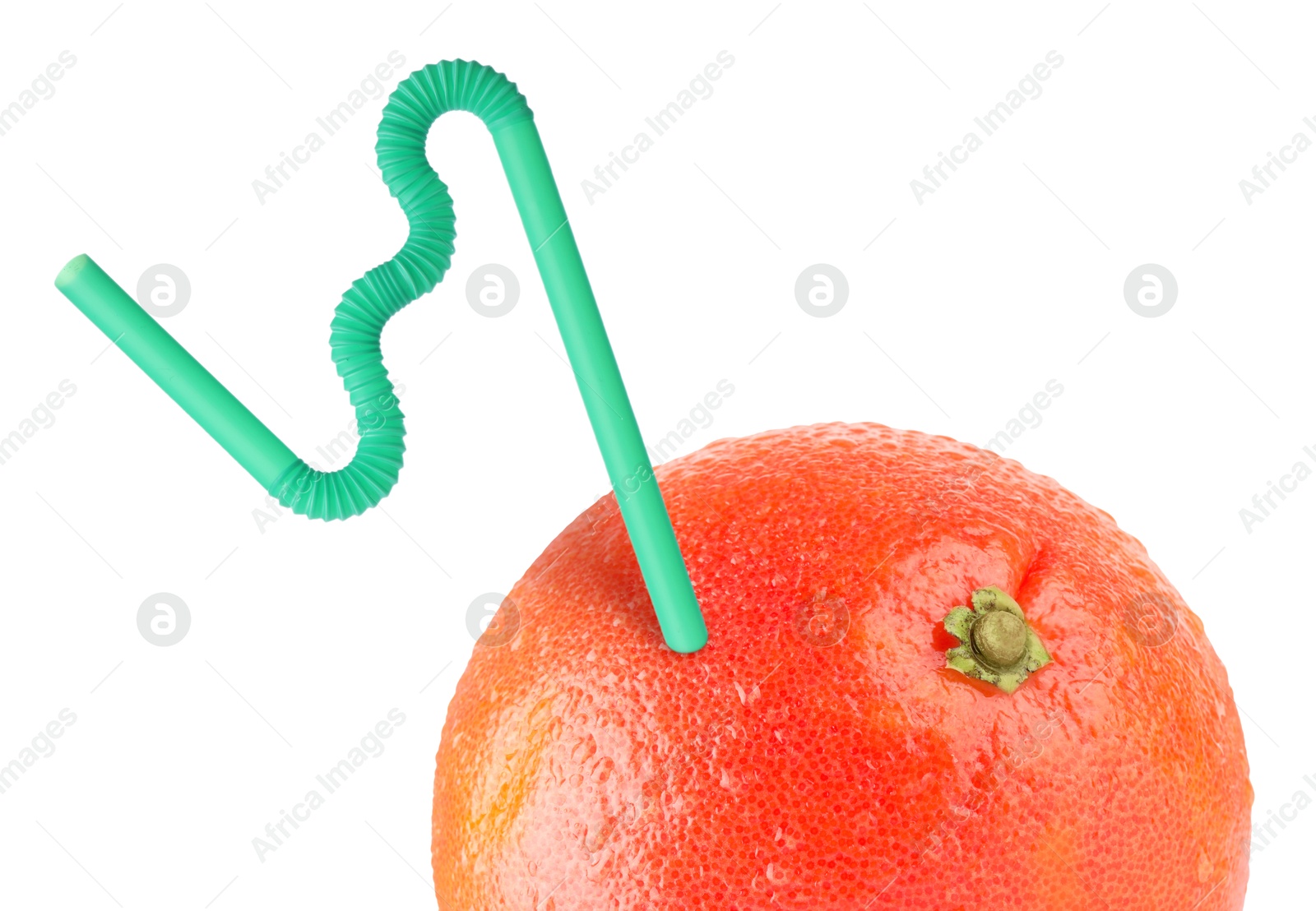 Image of Ripe grapefruit with drinking straw on white background. Organic juice or freshly made smoothie concept