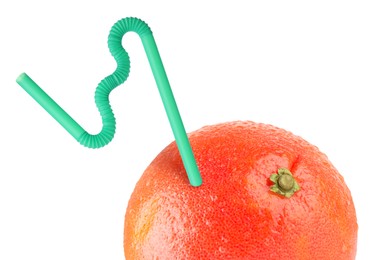 Image of Ripe grapefruit with drinking straw on white background. Organic juice or freshly made smoothie concept