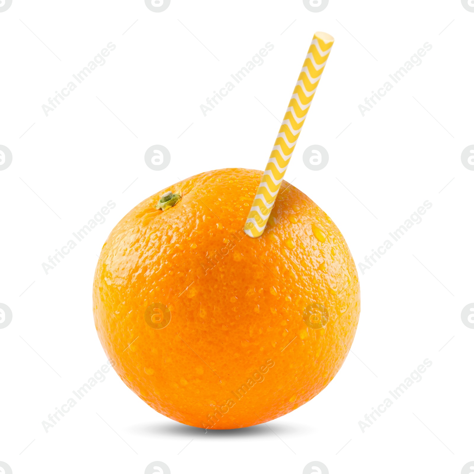 Image of Ripe orange with drinking straw on white background. Organic juice or freshly made smoothie concept