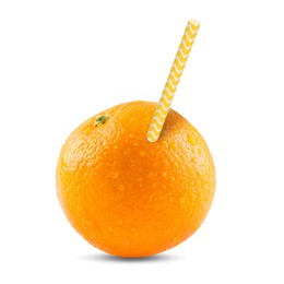 Image of Ripe orange with drinking straw on white background. Organic juice or freshly made smoothie concept