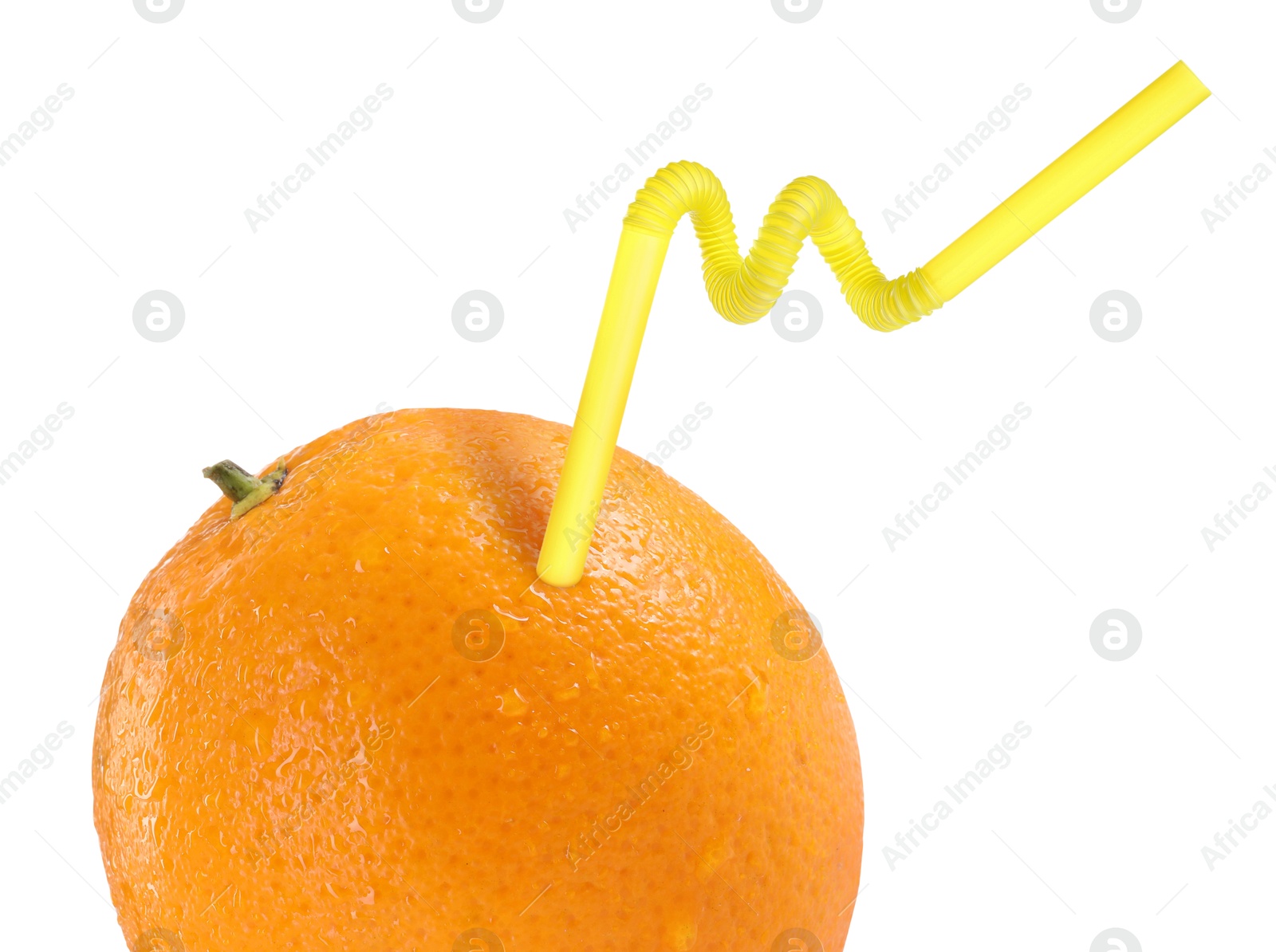 Image of Ripe orange with drinking straw on white background. Organic juice or freshly made smoothie concept