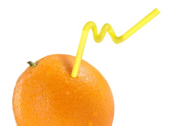 Image of Ripe orange with drinking straw on white background. Organic juice or freshly made smoothie concept