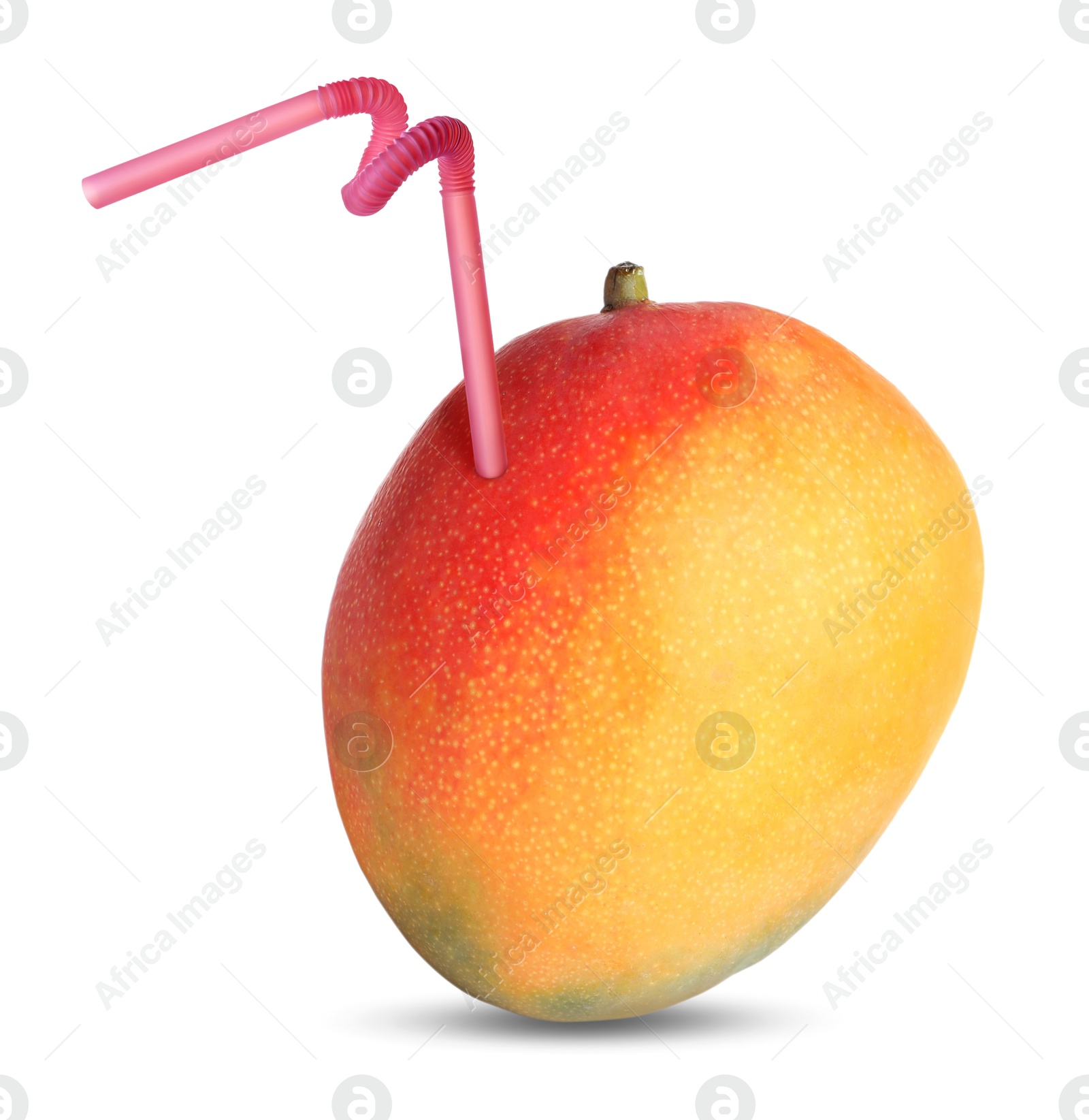 Image of Ripe mango with drinking straw on white background. Organic juice or freshly made smoothie concept