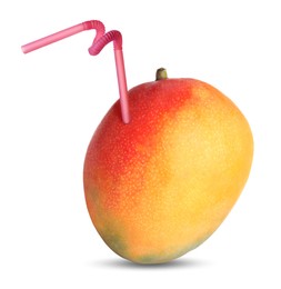 Image of Ripe mango with drinking straw on white background. Organic juice or freshly made smoothie concept