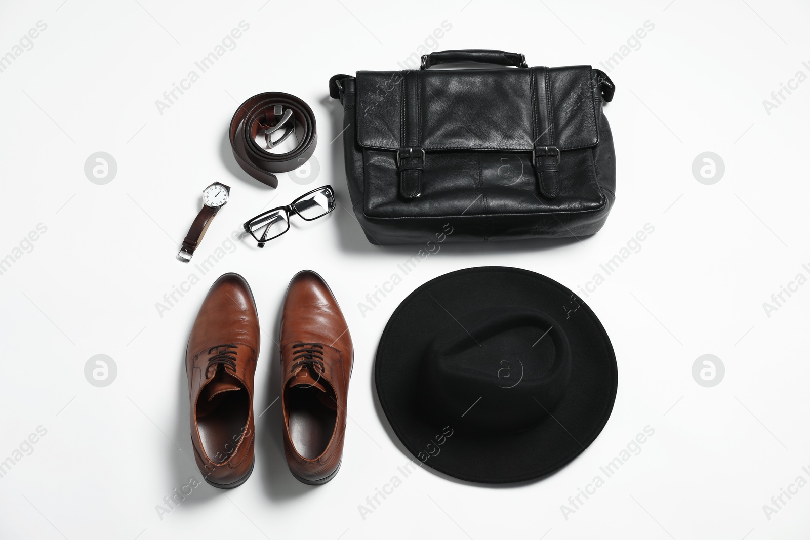 Photo of Stylish accessories on white background, flat lay