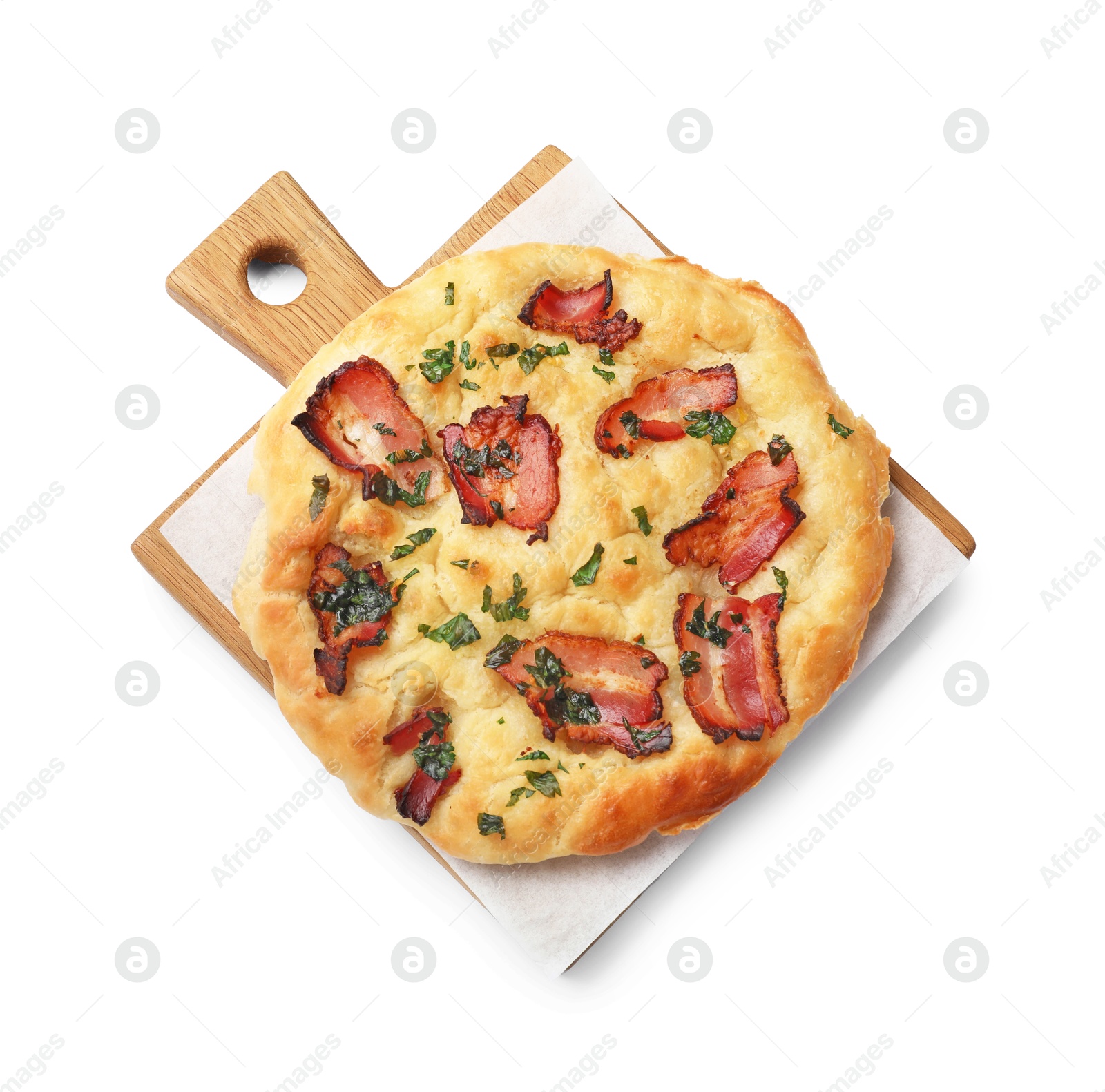 Photo of Delicious focaccia bread with bacon and parsley isolated on white, top view