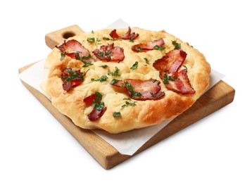 Photo of Delicious focaccia bread with bacon and parsley isolated on white