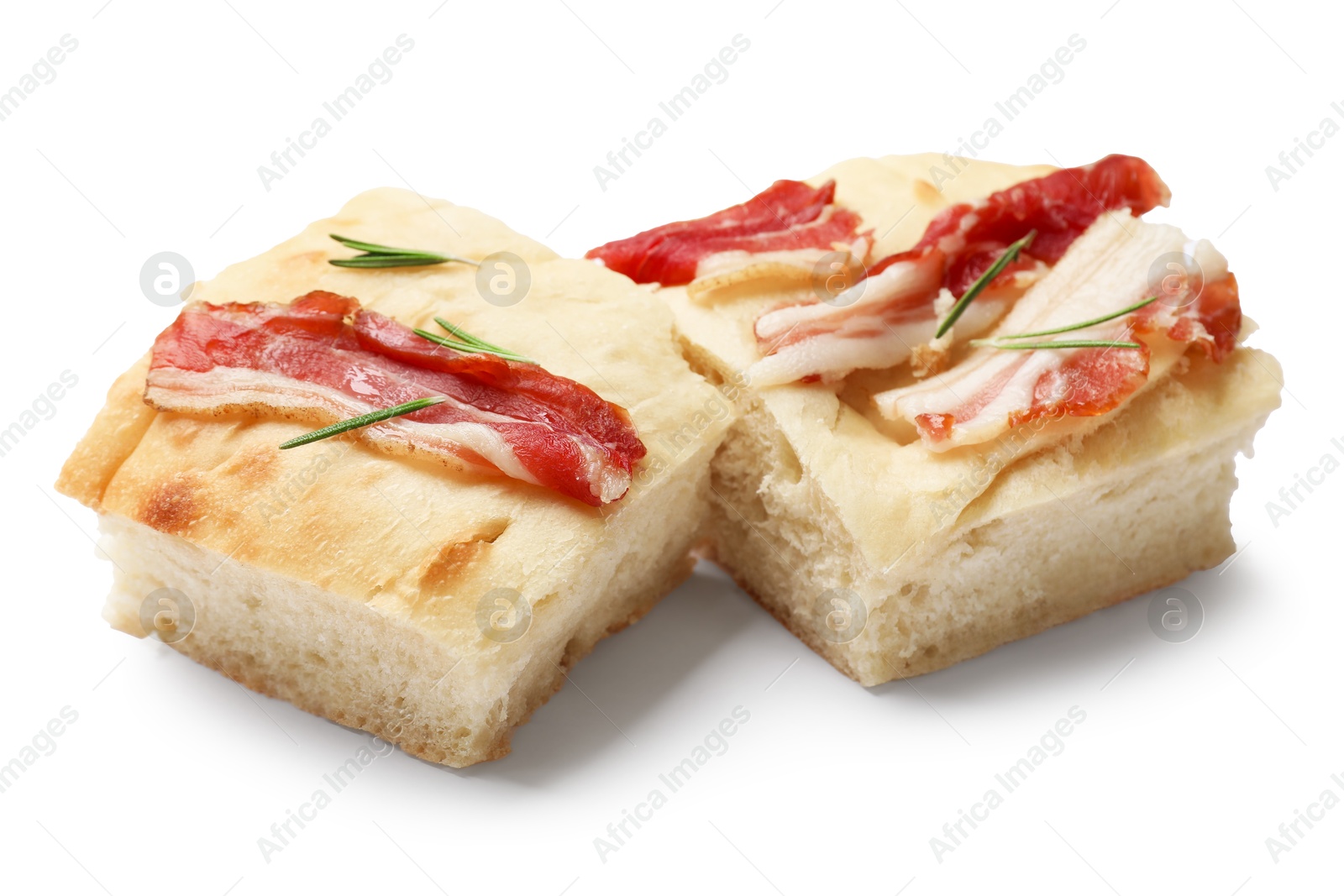 Photo of Pieces of focaccia bread with bacon and rosemary isolated on white