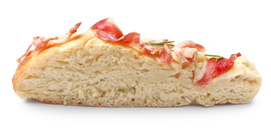 Photo of Piece of focaccia bread with bacon and rosemary isolated on white