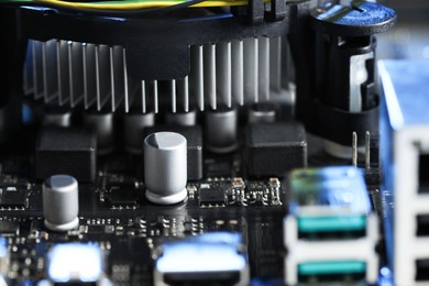 Photo of Computer motherboard as background, closeup. Electronic engineering