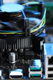 Photo of Computer motherboard as background, closeup. Electronic engineering